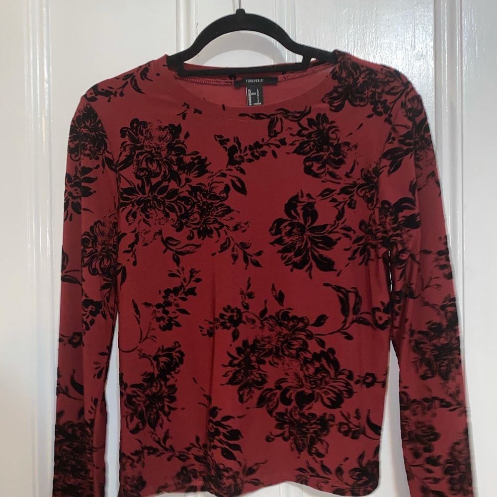Red Long Sleeve with Black Floral Detailing